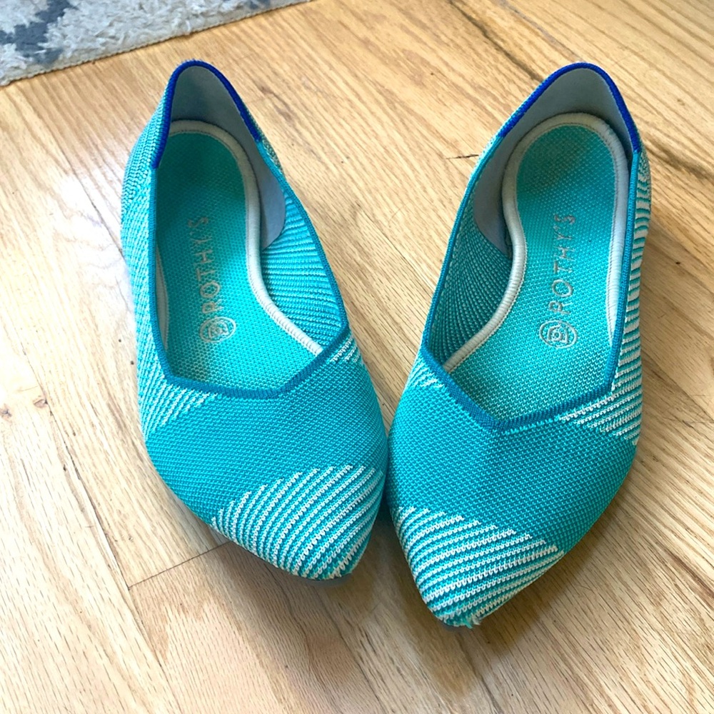 Rothy's The Point Calypso Green Teal Striped Flats Slip On Womens size 9.5 green